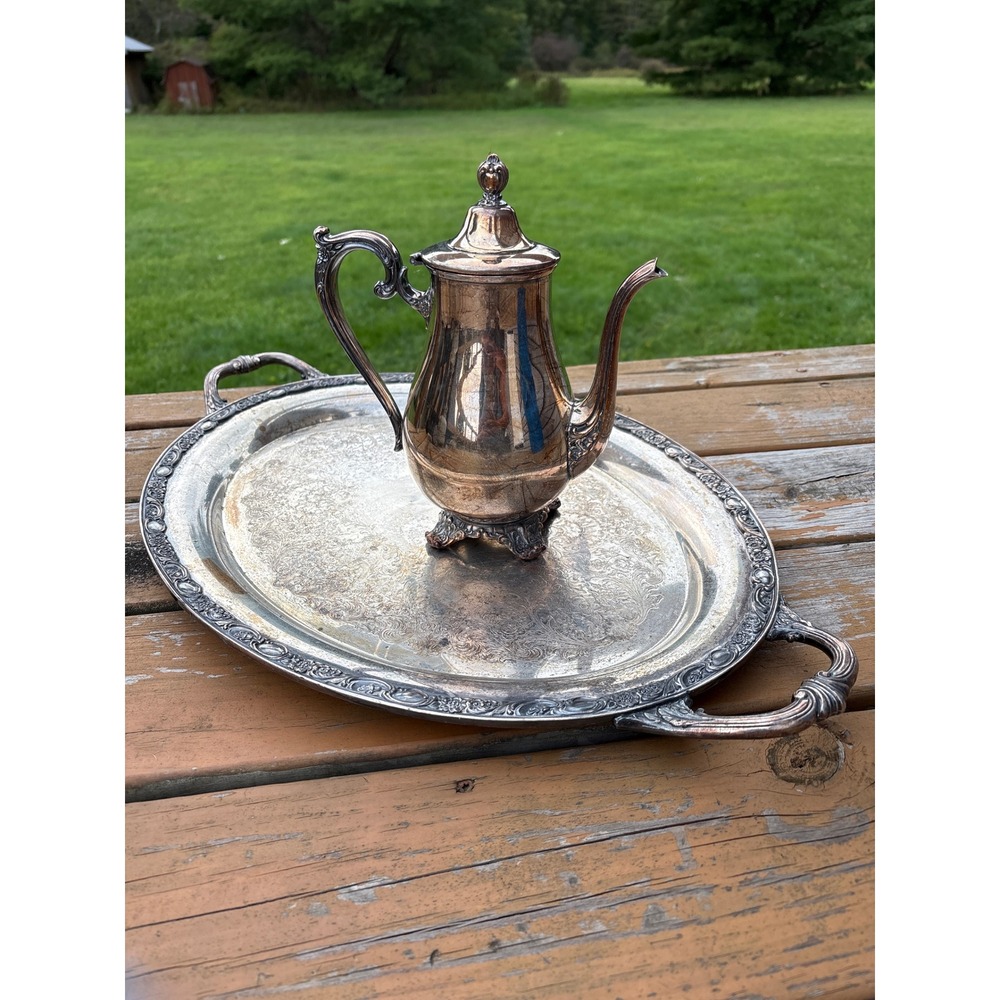 Wm Rogers & Son Victorian Rose Silver Plate Teapot and 24 Inch Serving Tray Set